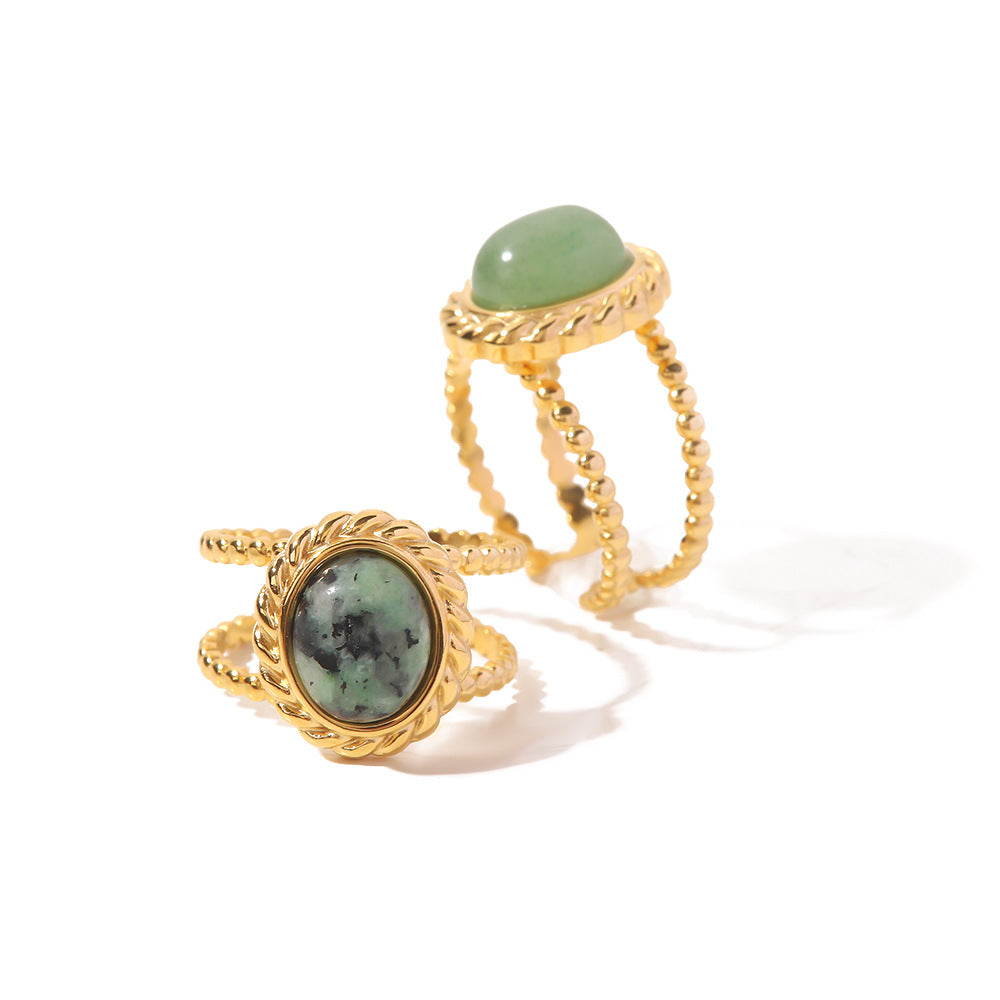 Twisted Double Band Ring with Natural Green Stone