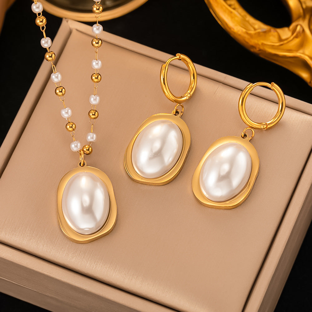Classic Pearl Oval Necklace & Earrings Set