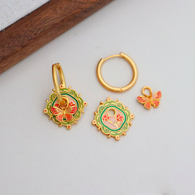 Green & Orange Butterfly Earrings with Gold Frame