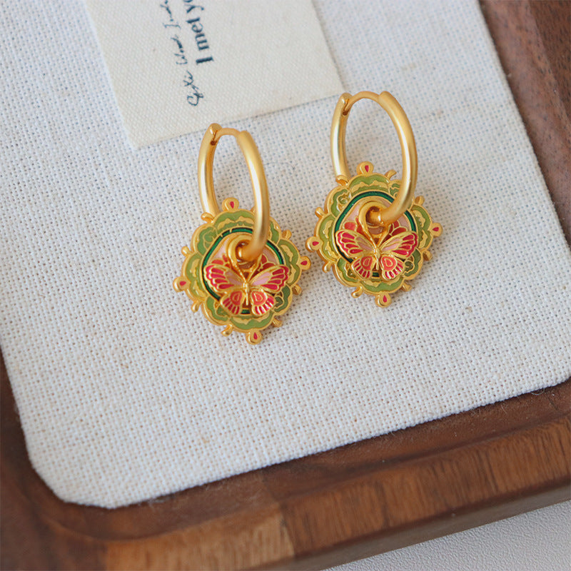 Green & Orange Butterfly Earrings with Gold Frame
