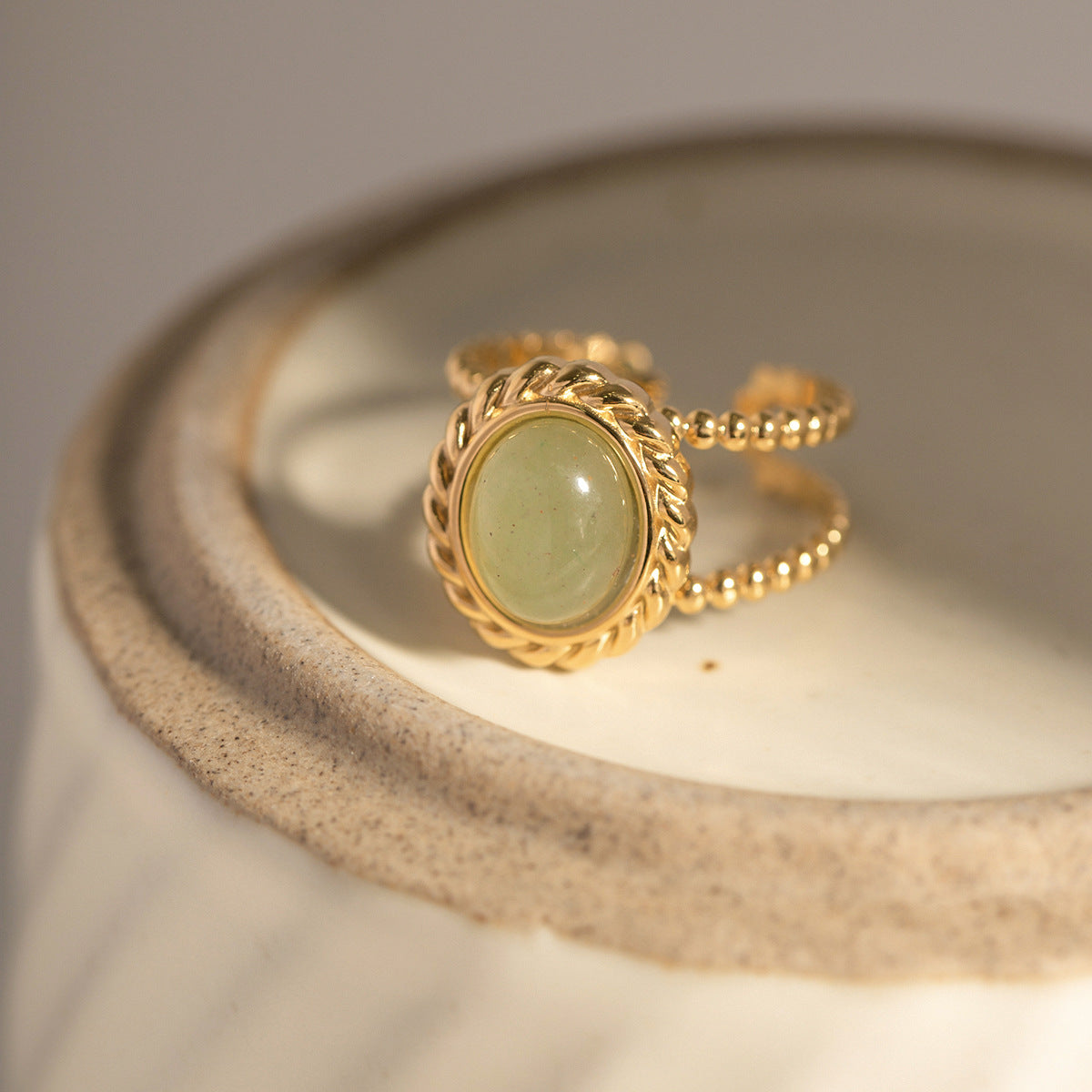 Twisted Double Band Ring with Natural Green Stone
