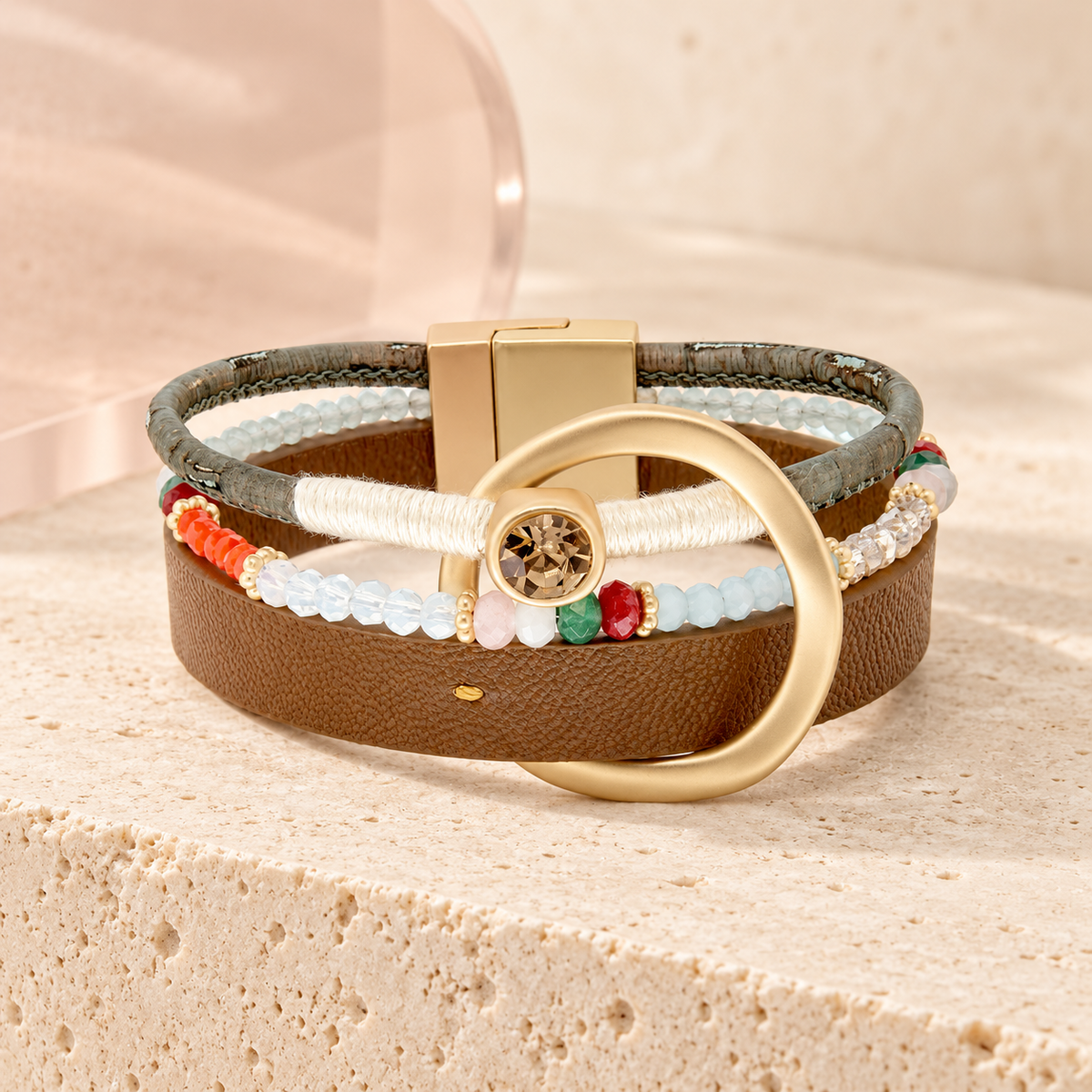Alexa Layered Leather Bracelet on Bloomy ivory stone and blush acrylic background