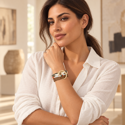 Bloomy model wearing the Alexa Layered Leather Bracelet in a second styling