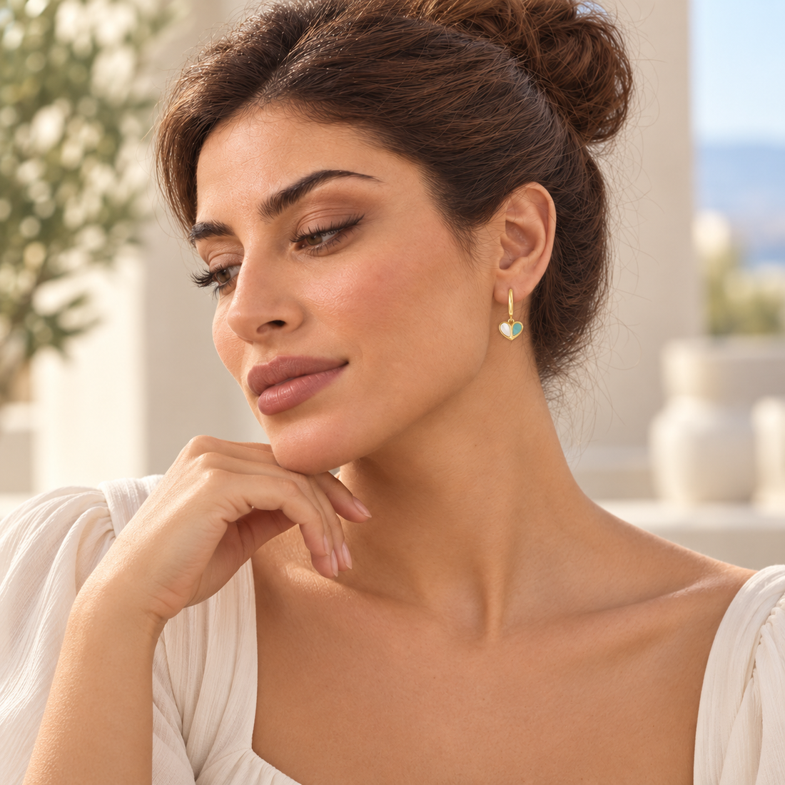 Bloomy model wearing Amour Gold Earrings