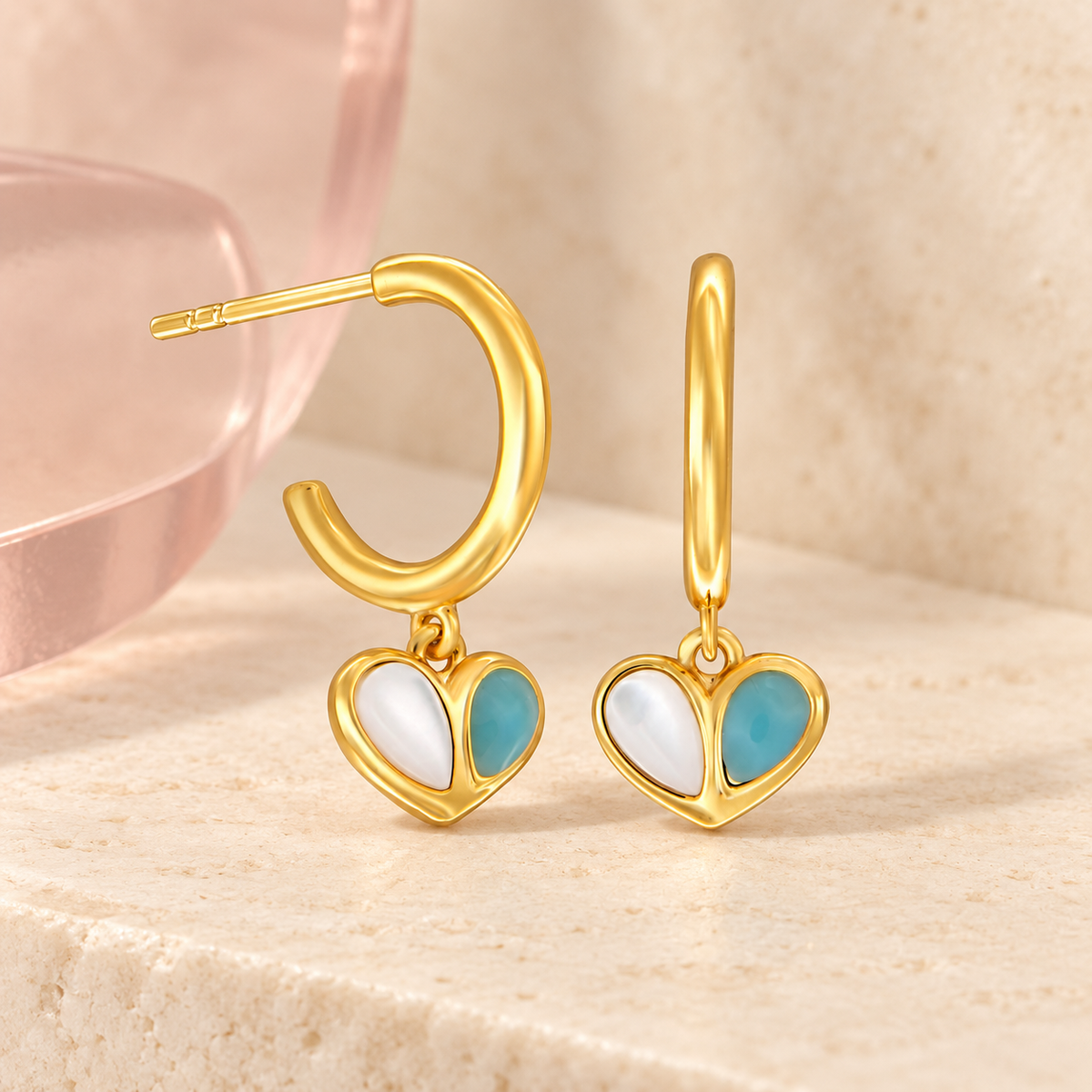 Amour Gold Earrings with white shell and blue enamel heart charms