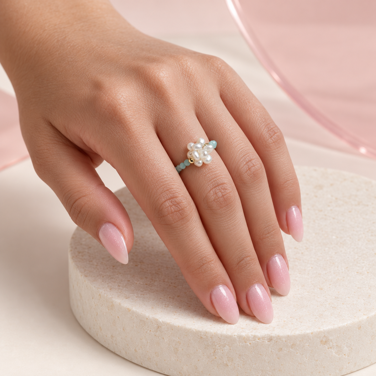 Aqua Pearl Cloud Ring design worn on hand