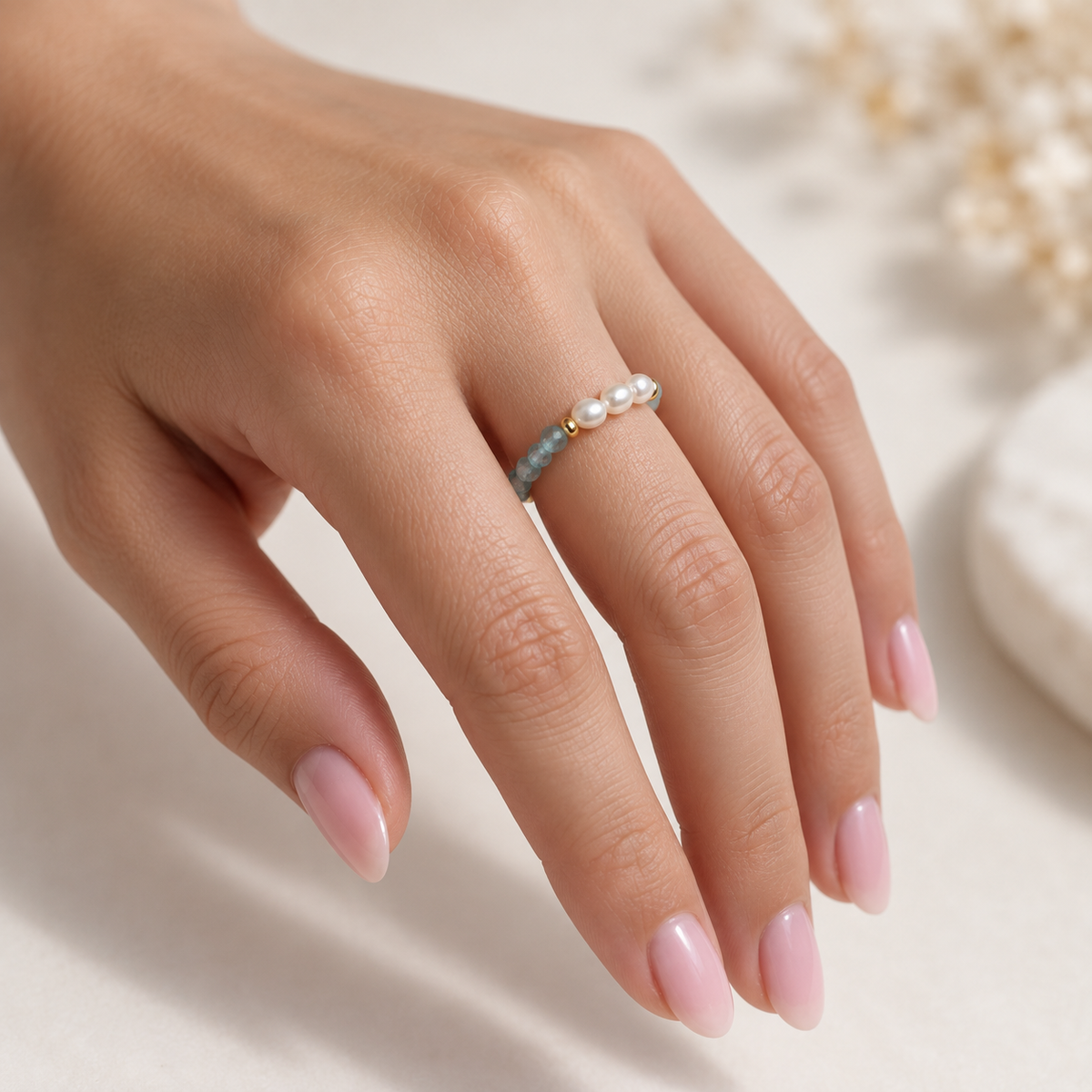 Aqua Pearl Orbit Ring design worn on hand