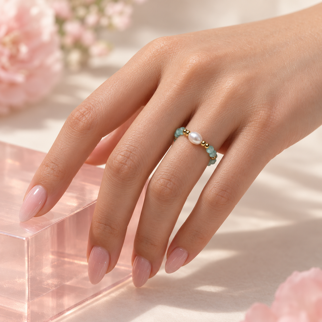 Aqua Pearl Spark Ring design worn on hand