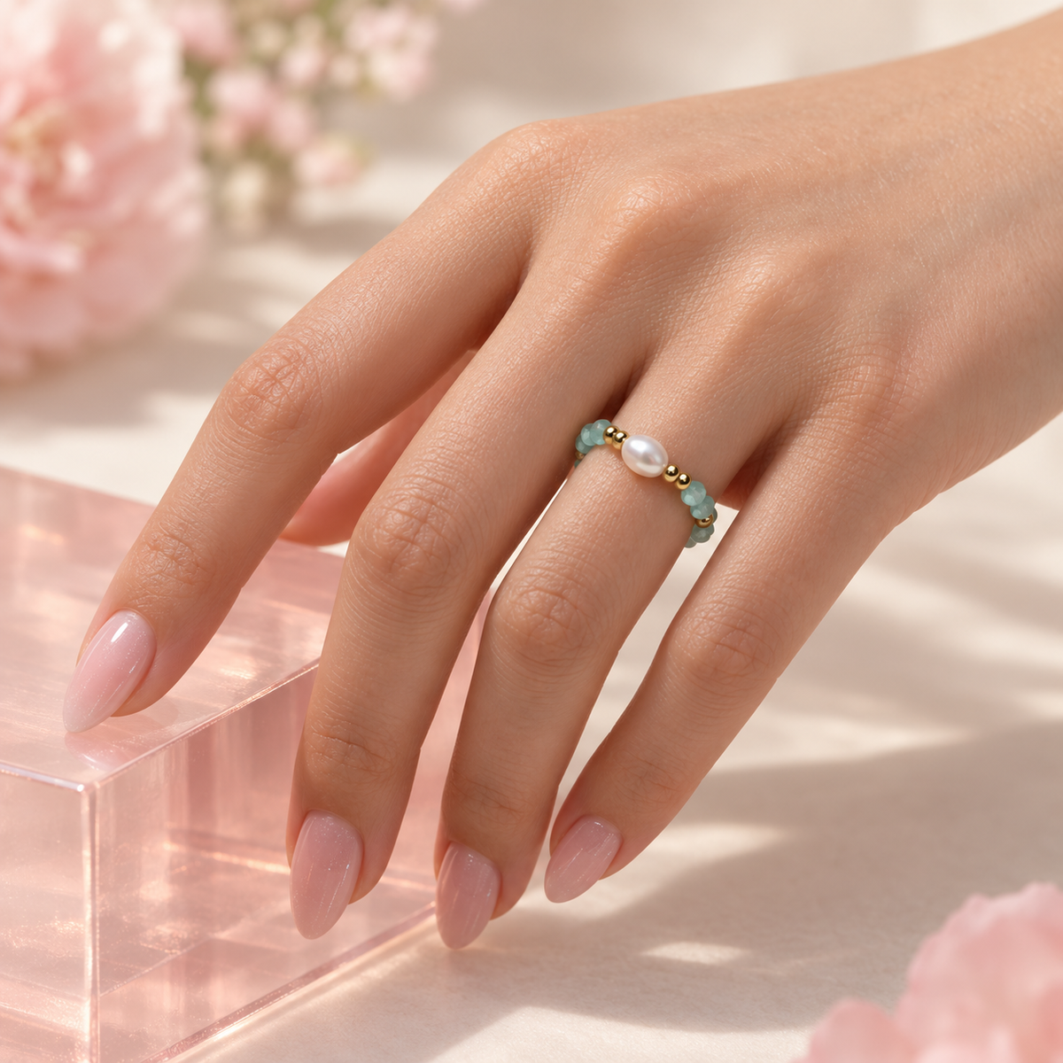 Aqua Pearl Spark Ring design worn on hand
