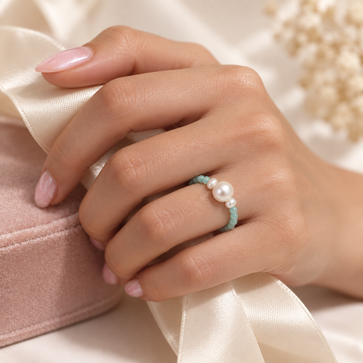 Aqua Pearl Trio Ring design worn on hand
