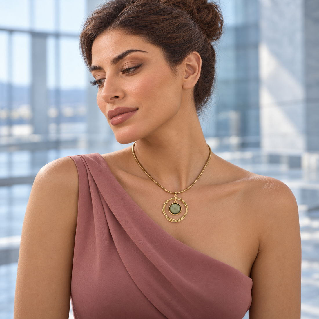 Model wearing Aurelia Green Orbit Necklace