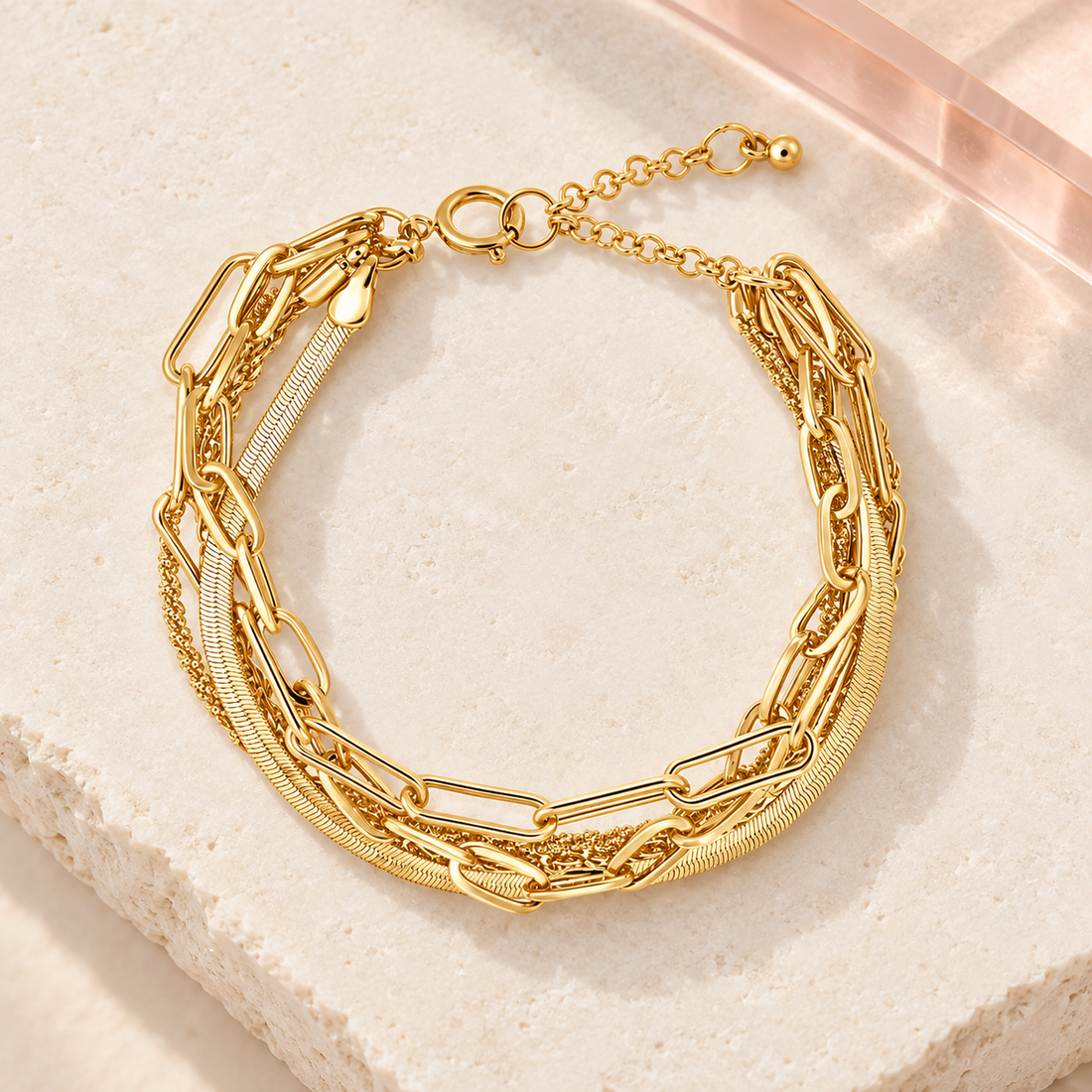 Aurelia Layers Gold Bracelet on ivory stone with blush pink acrylic