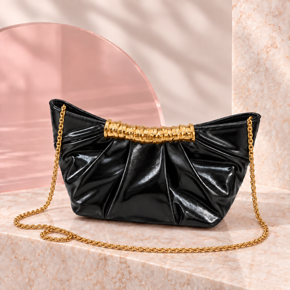 Lumi Metallic Pleated Bag in Black with long chain