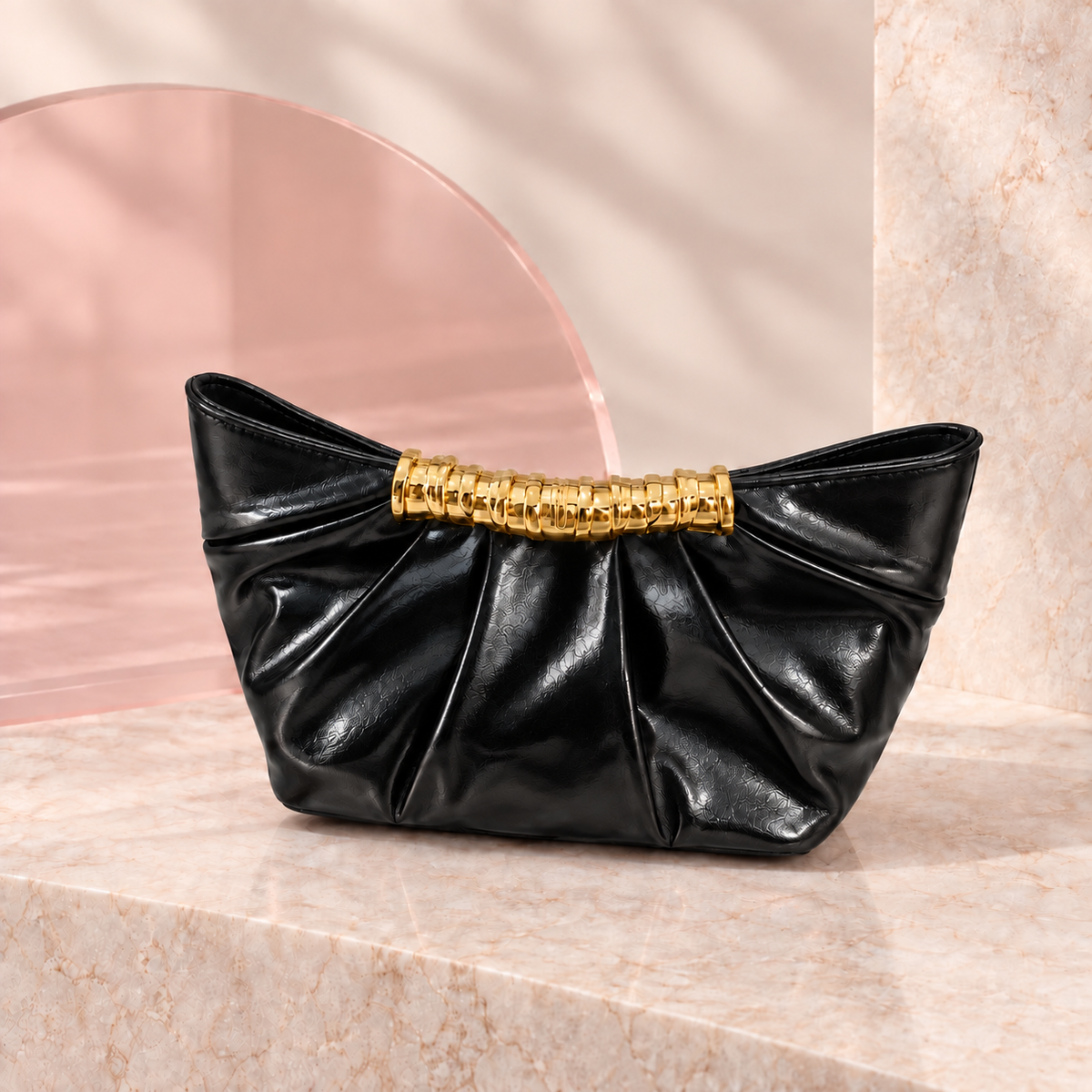 Lumi Metallic Pleated Bag in Black, product view without chain