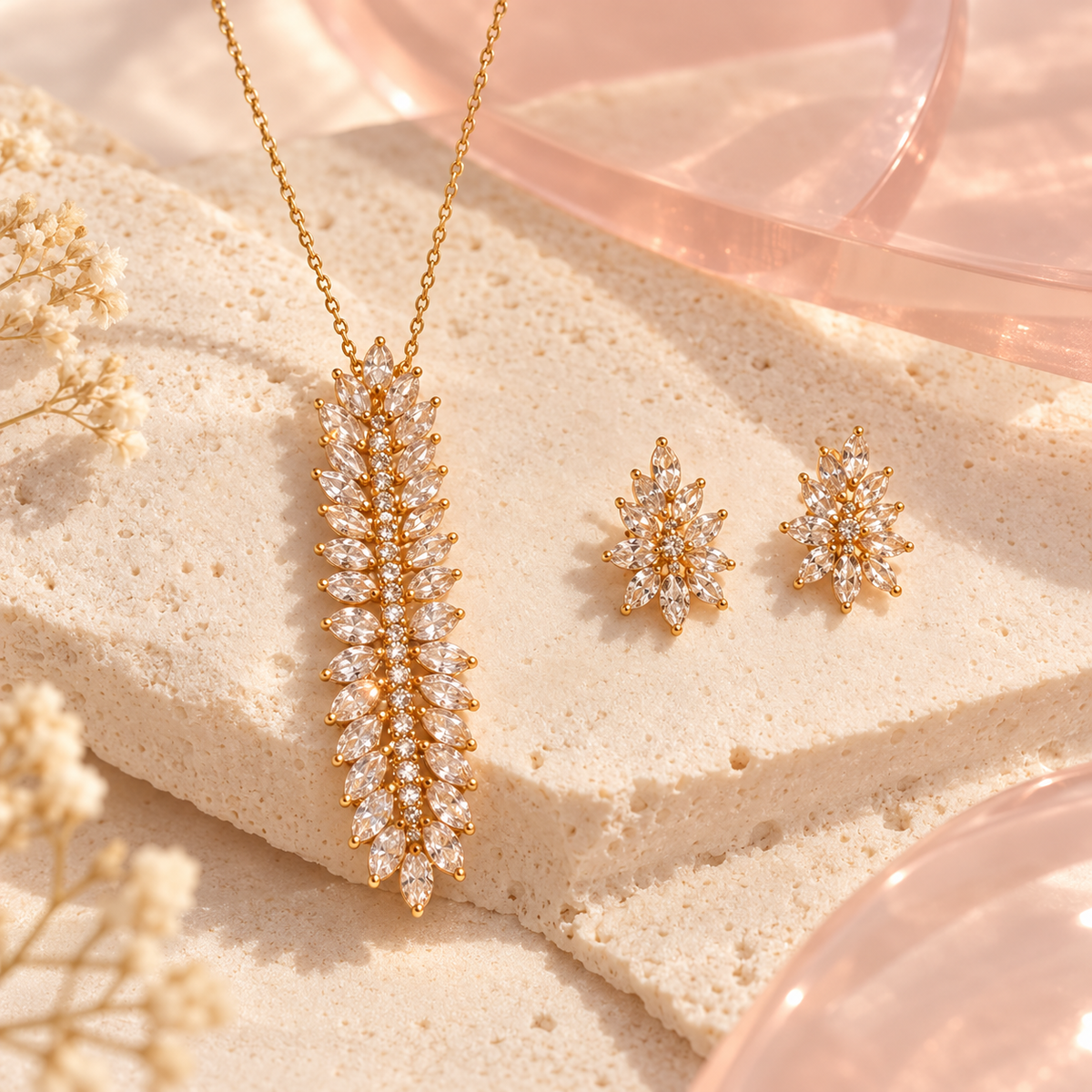 Gold-tone marquise crystal cascade necklace and matching earrings