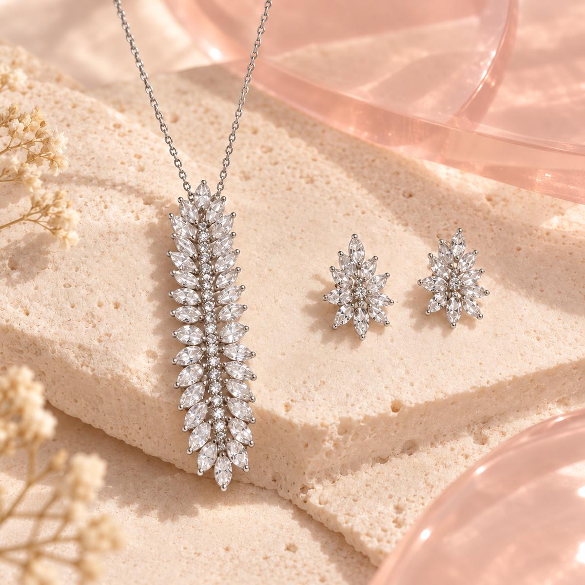 Silver-tone marquise crystal cascade necklace and matching earrings