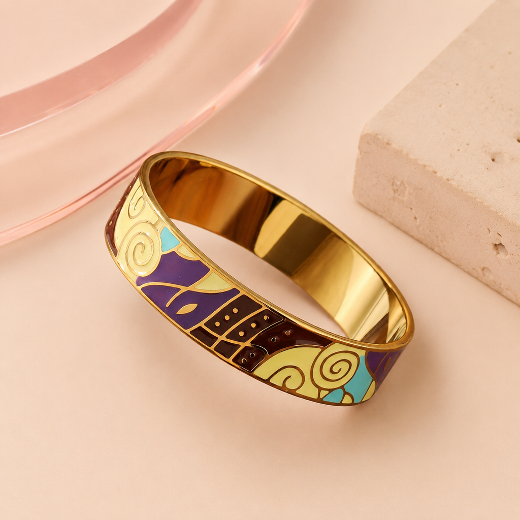 Abstract Enamel Gold Bangle – full view