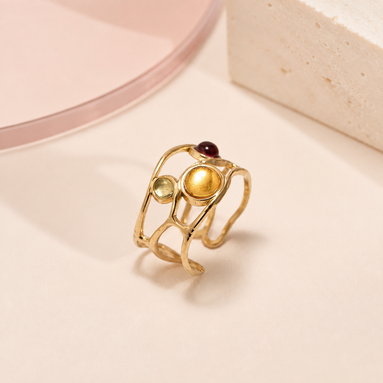 Abstract Triple Stone Ring – angled view