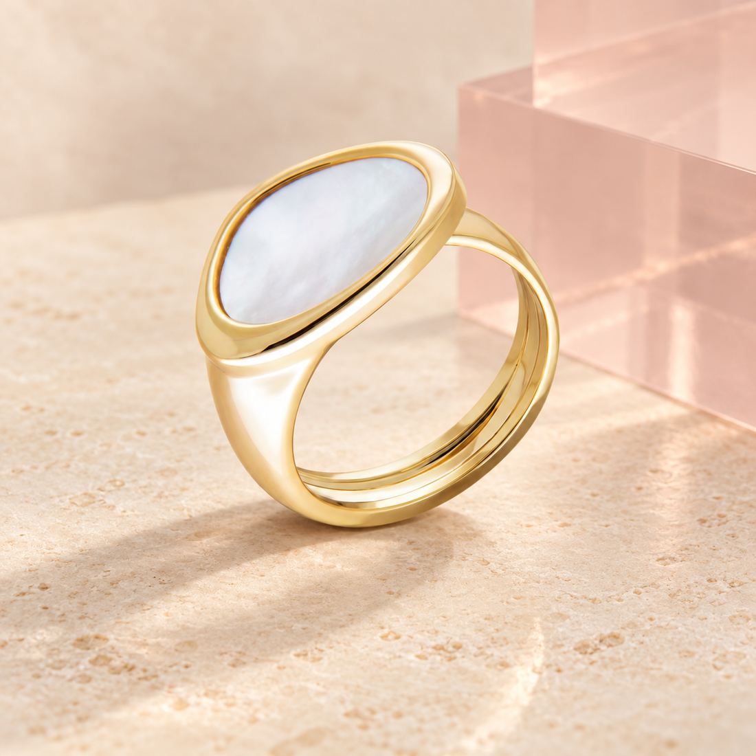 Alba Mother of Pearl Signet Ring in gold on Bloomy ivory and blush background