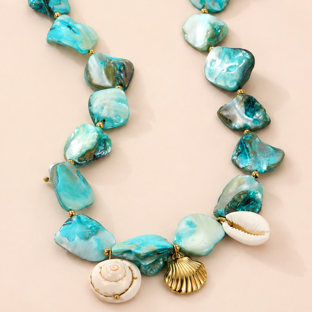Aqua Shore Necklace – shell and charm detail