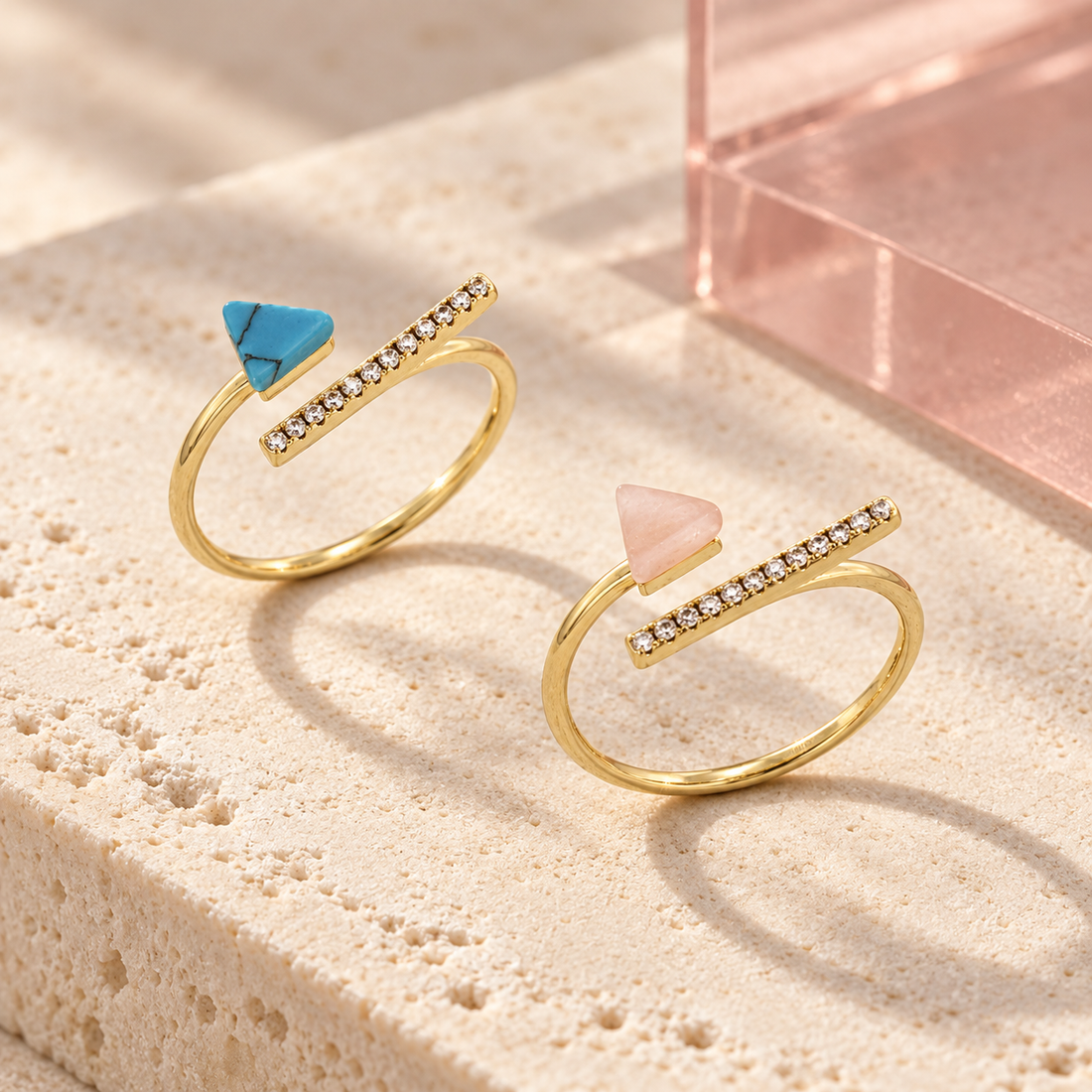 Astra Prism open gold ring in turquoise blue and blush pink
