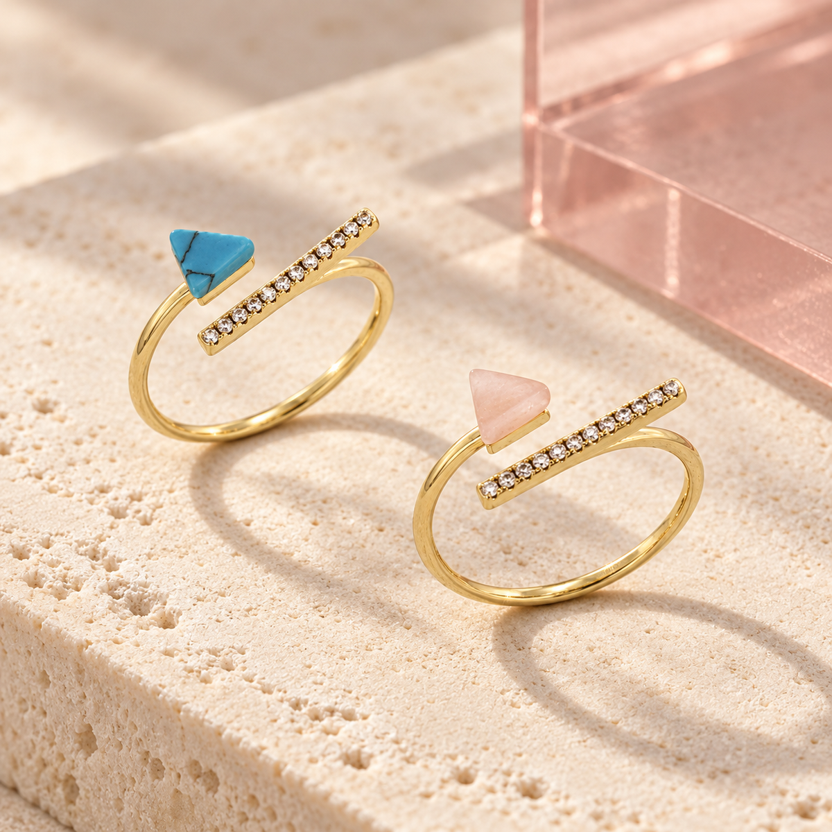 Astra Prism open gold ring in turquoise blue and blush pink