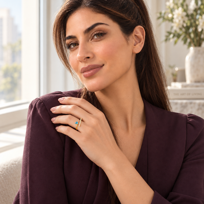 Bloomy model wearing the Astra Prism open ring in turquoise blue
