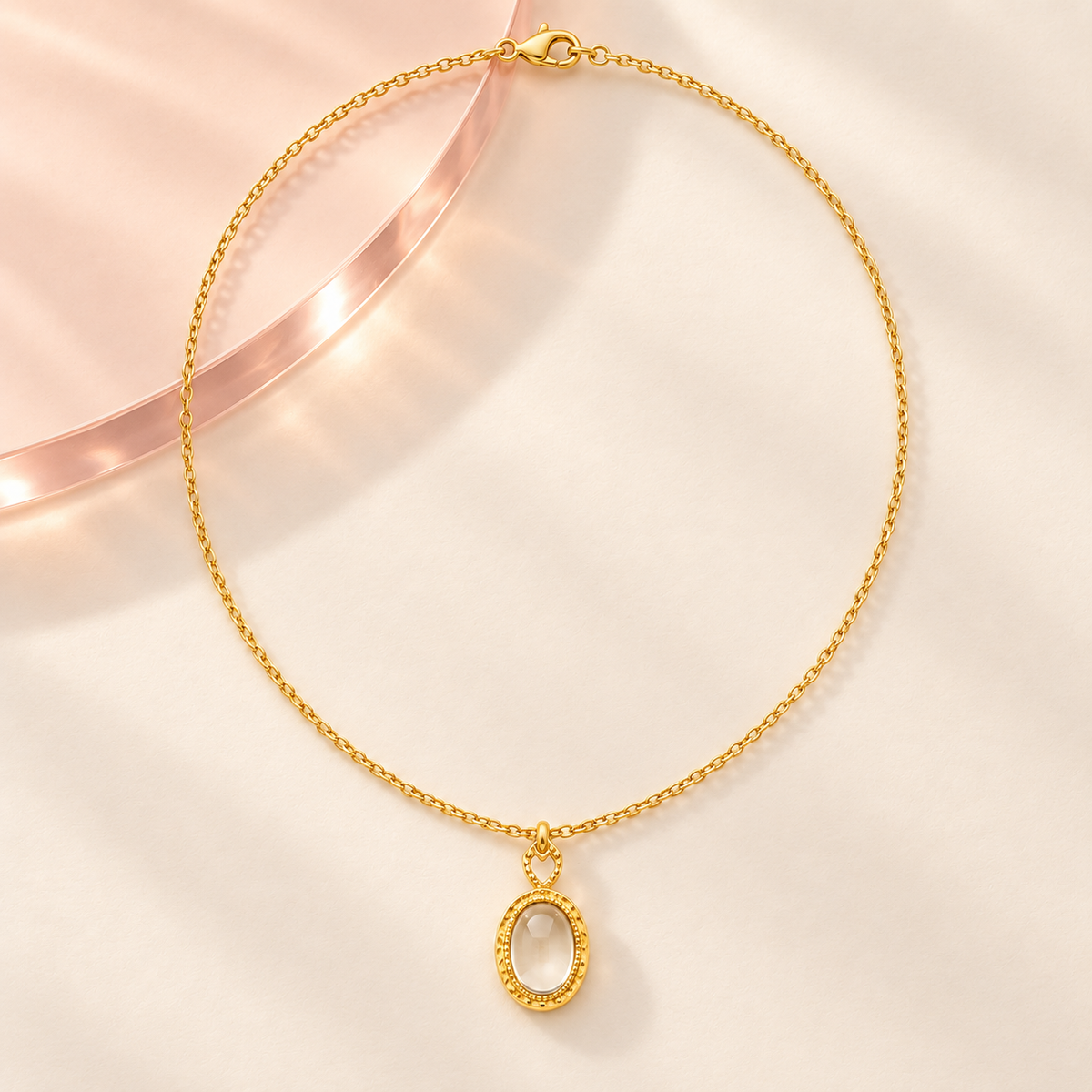 bloomy Aura Veil transparent oval pendant necklace on warm ivory and blush styling