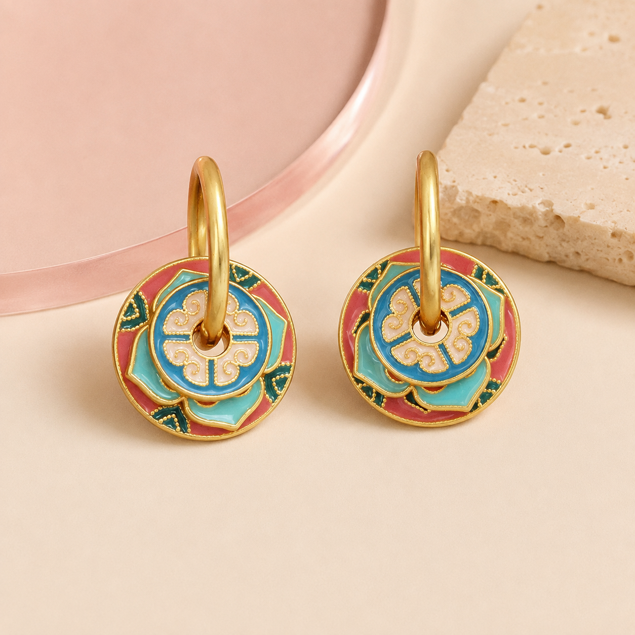 Baby Blue and Peach Earrings – front view