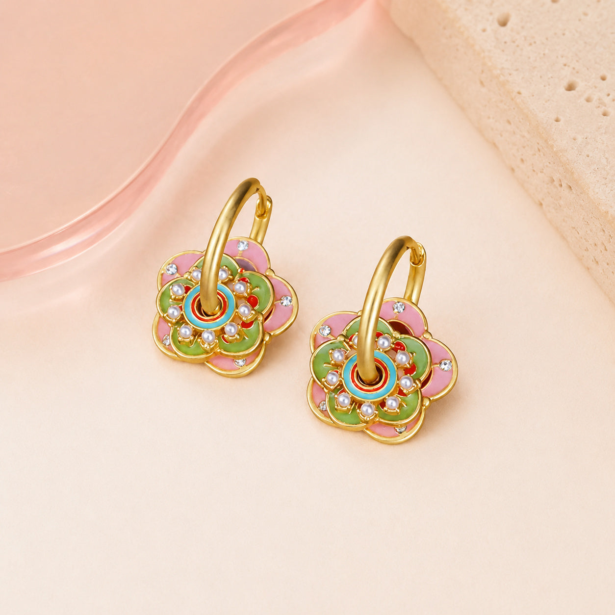 Baby Pink & Green Flowers Earrings – full view
