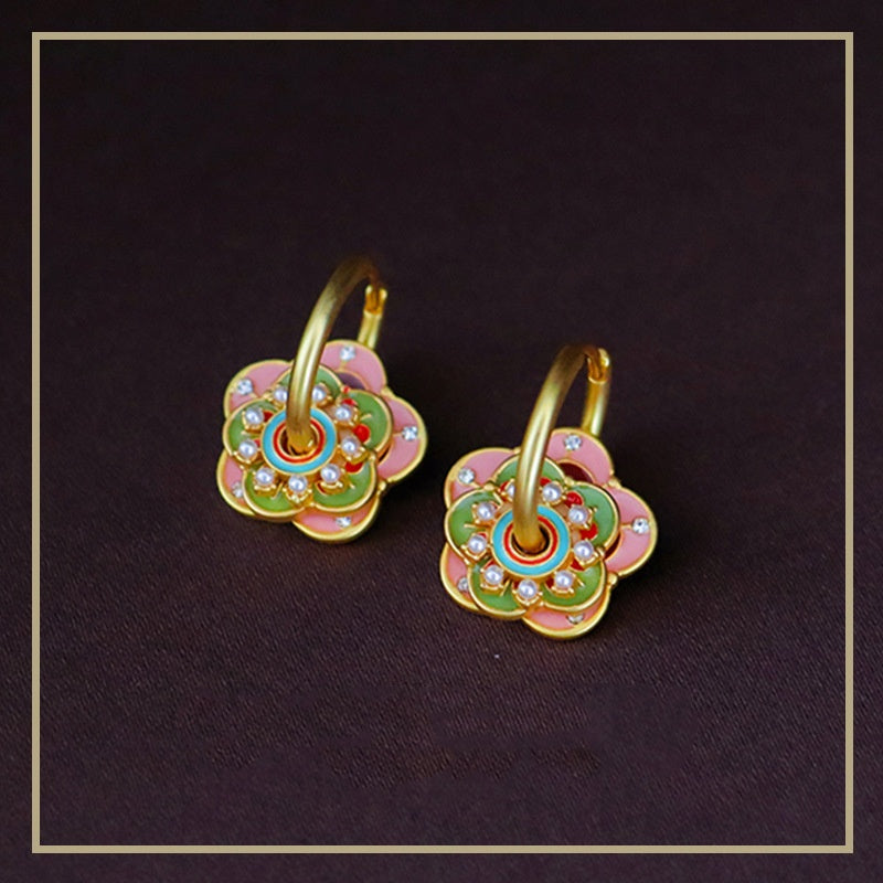 Baby Pink & Green Flowers Earrings with Small Pearls