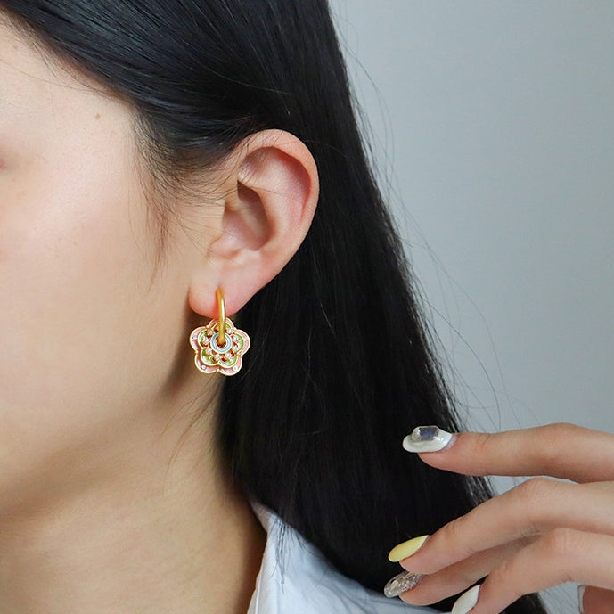 Baby Pink & Green Flowers Earrings with Small Pearls
