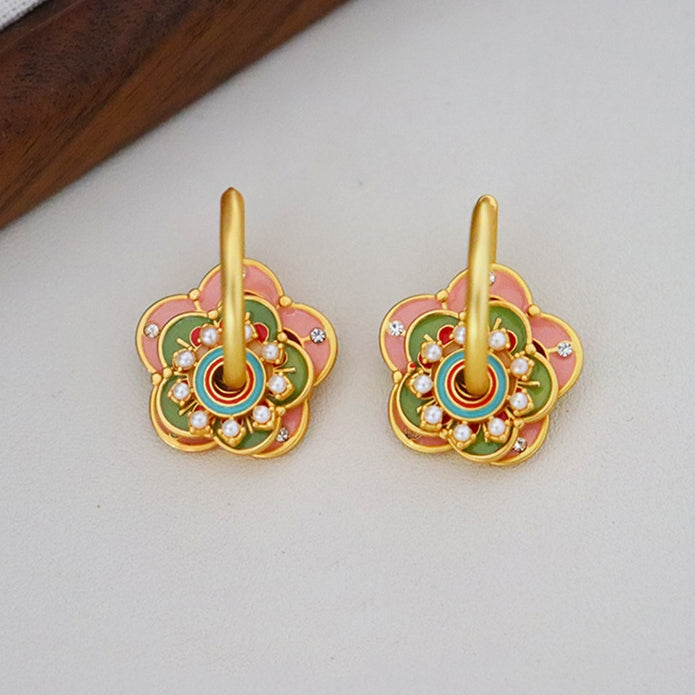 Baby Pink & Green Flowers Earrings with Small Pearls