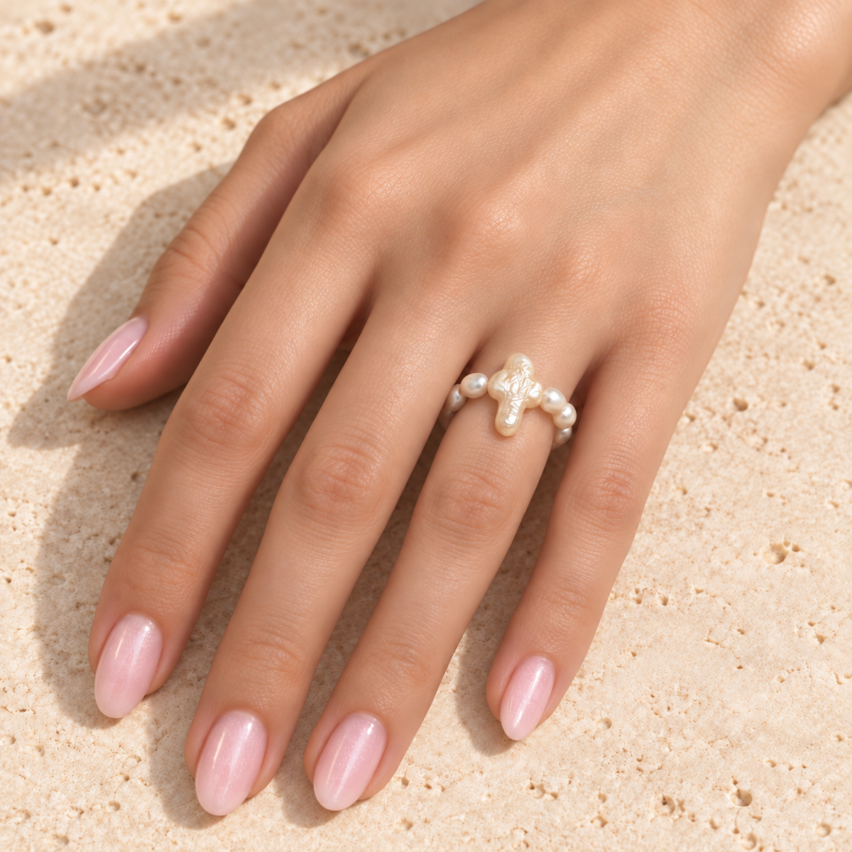 Baroque Pearl Cross Ring worn on hand