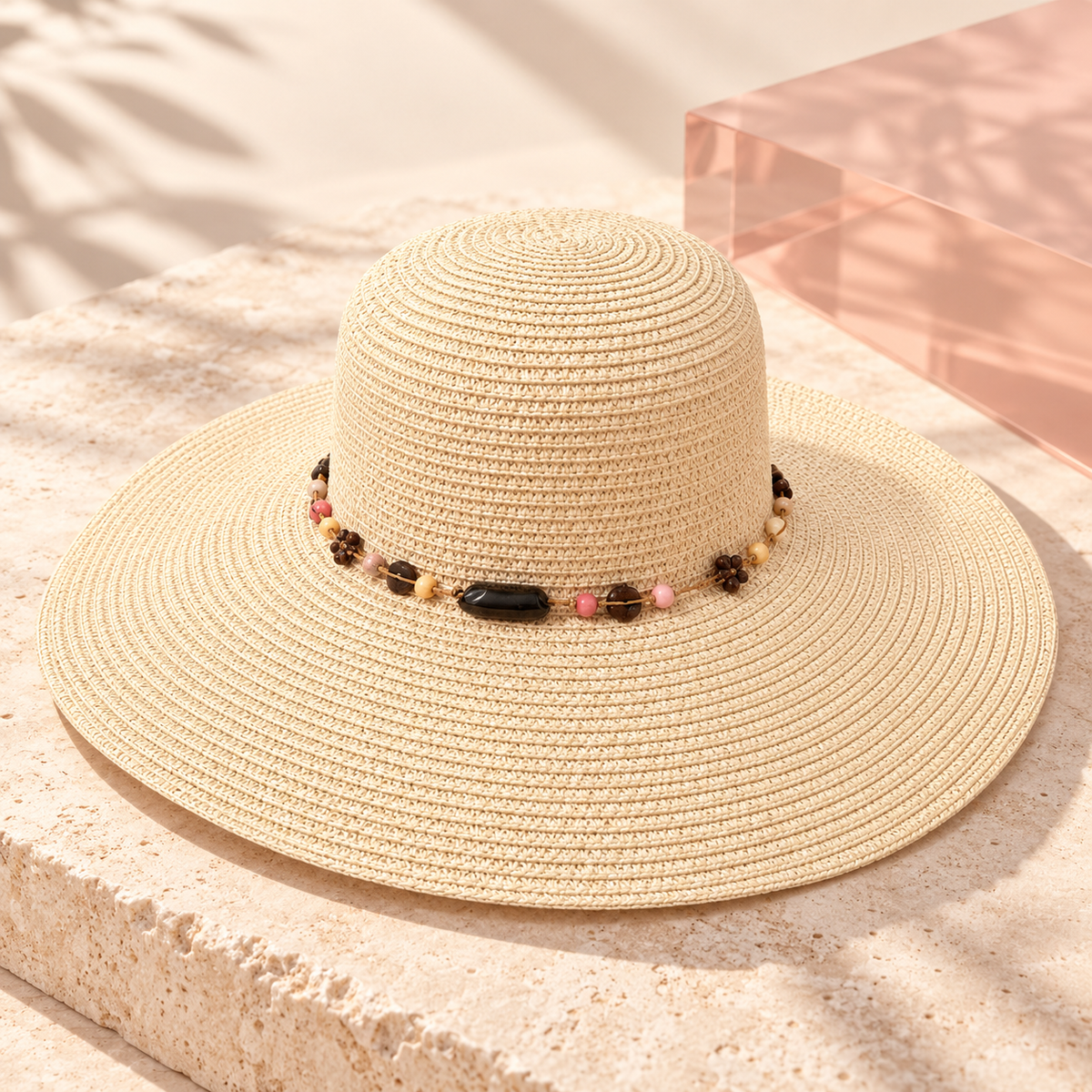 Off-white wide-brim beaded beach hat, product view