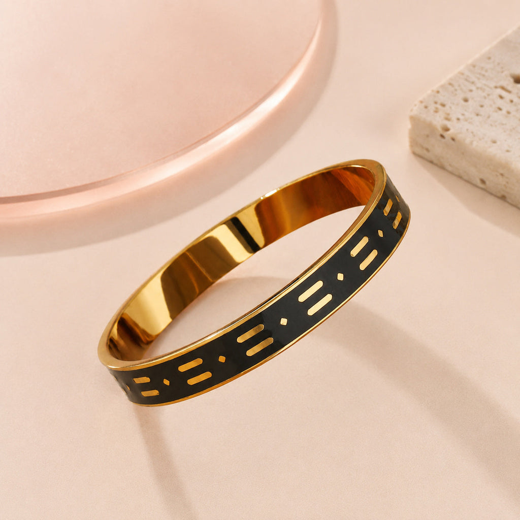 Black Enamel Geometric Bangle – full view