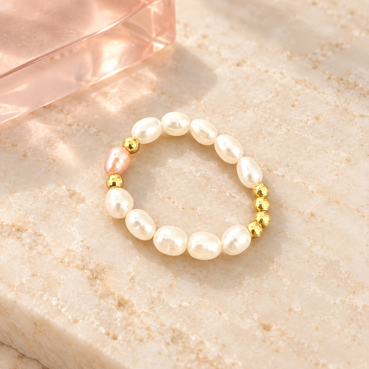 Blush Pearl Accent Ring on ivory stone with blush acrylic