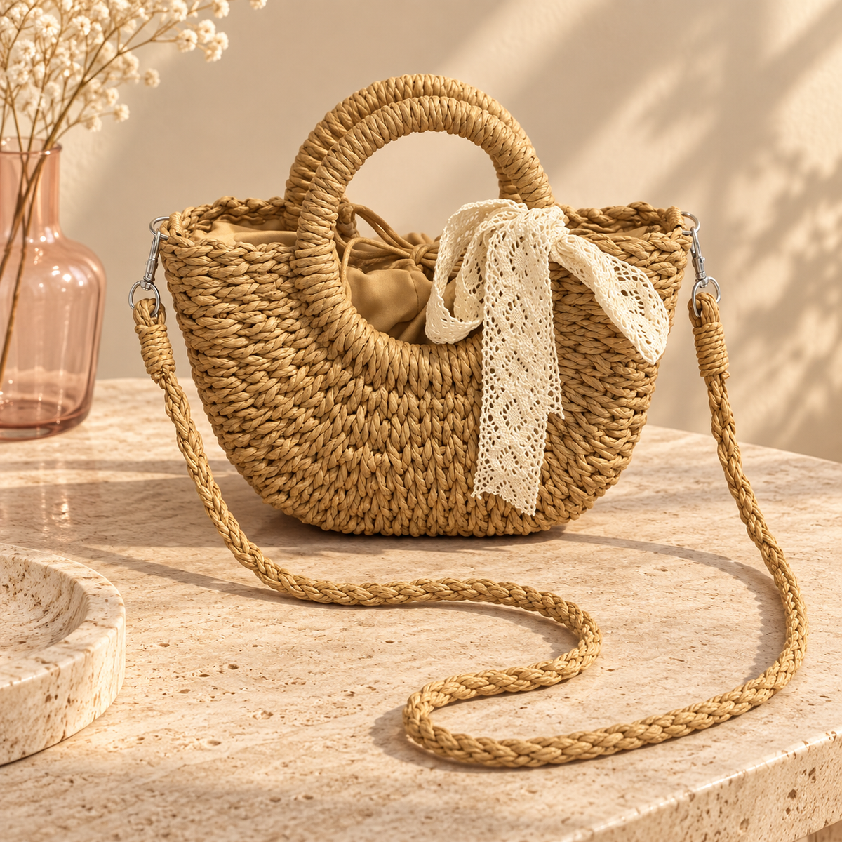 Beige woven bag with lace bow