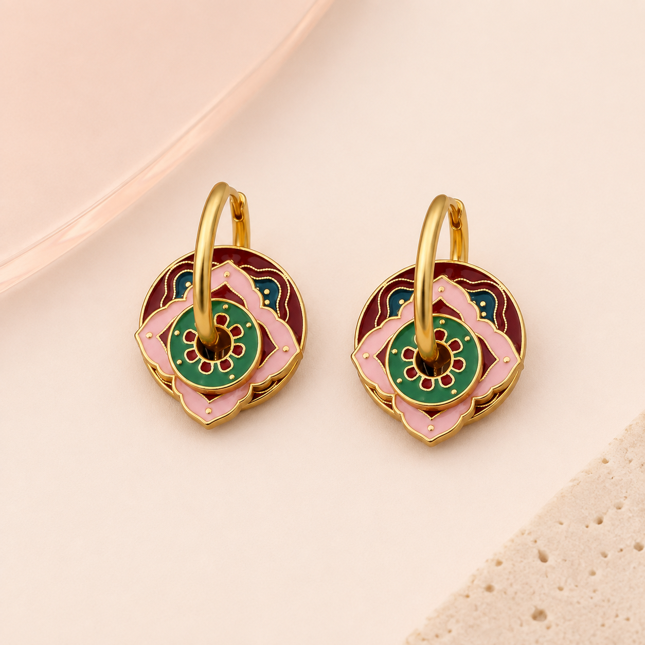 Burgundy & Pink Geometric Floral Earrings — full product view
