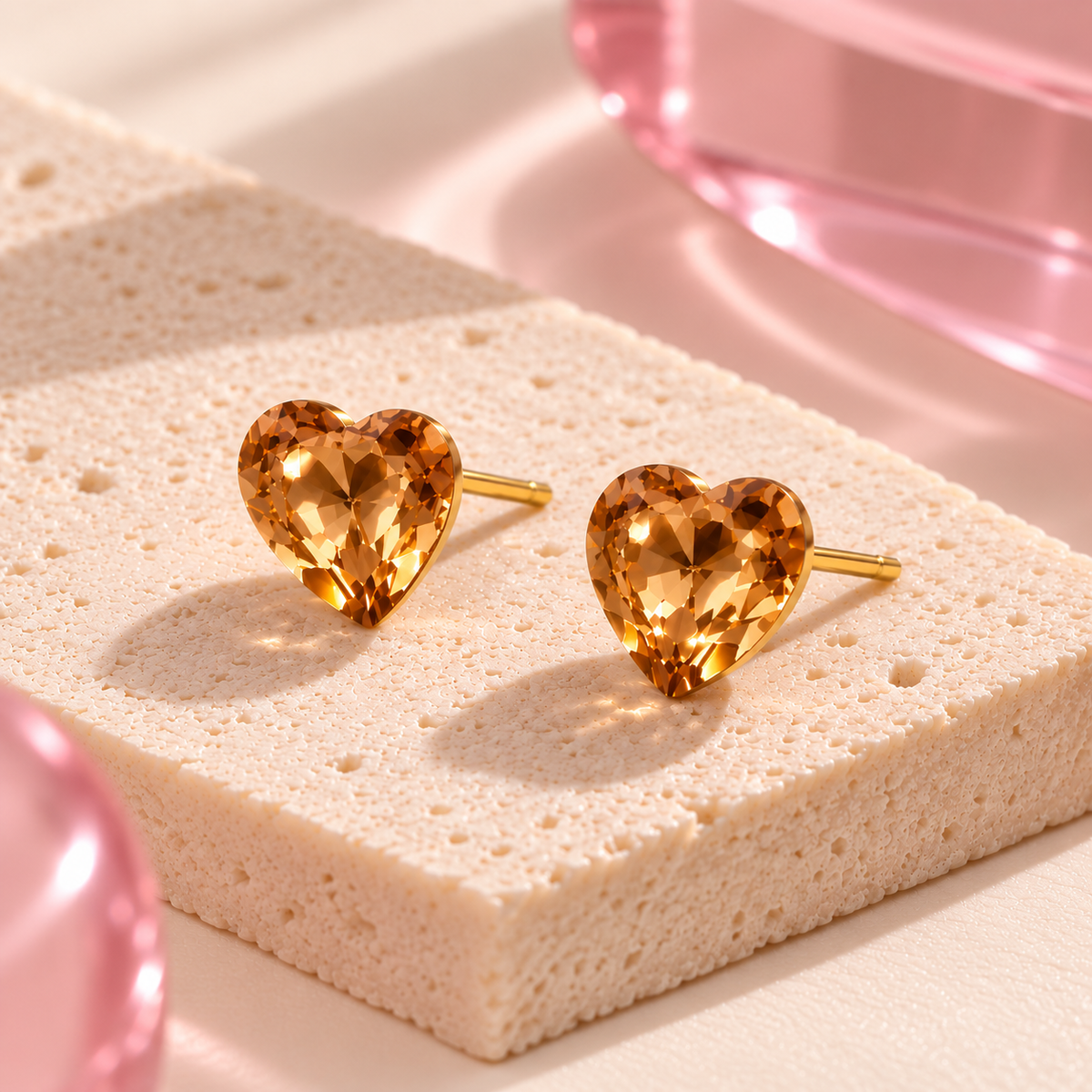 Champagne heart crystal stud earrings on Bloomy ivory stone