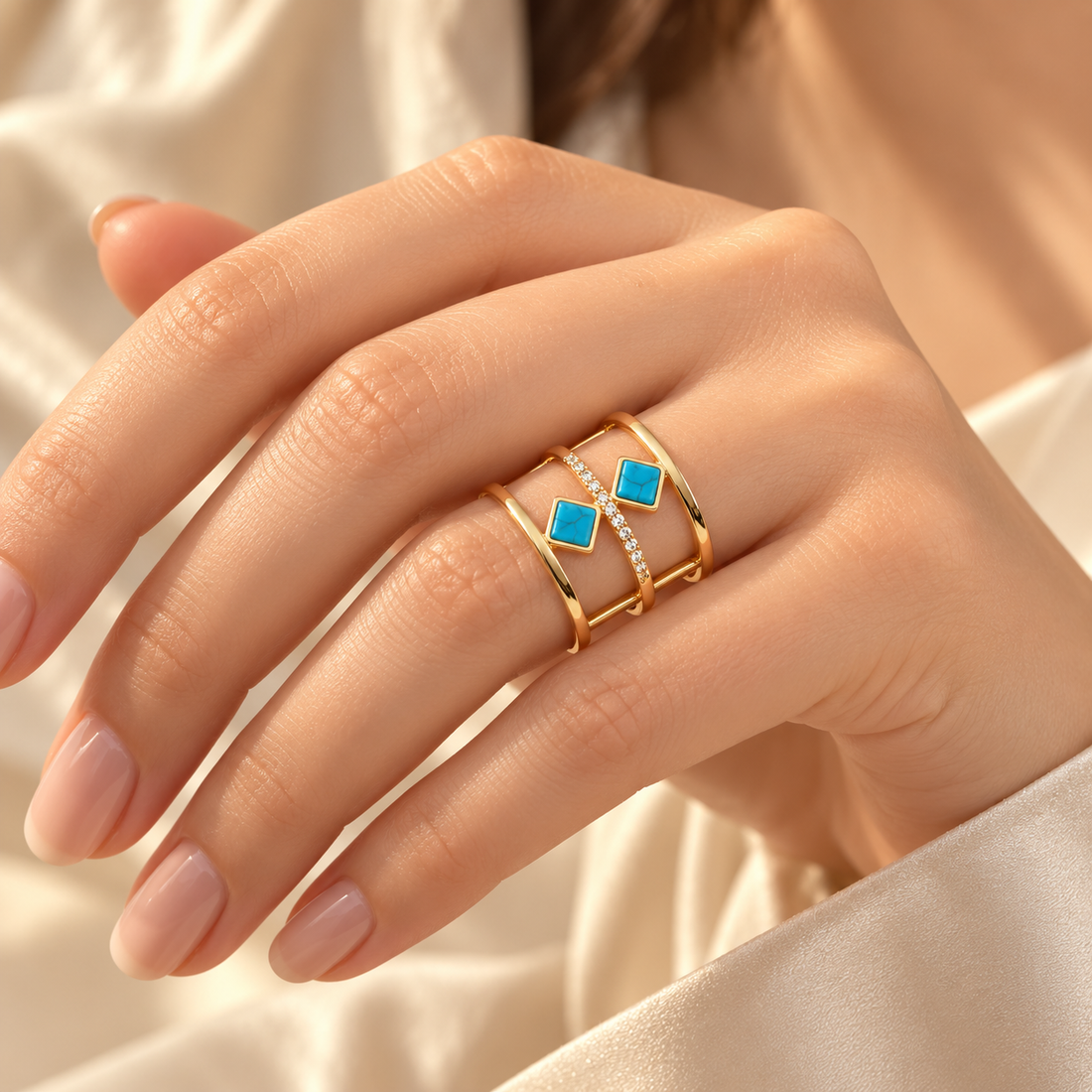 Cindy Turquoise Zircon Gold Ring shown on hand