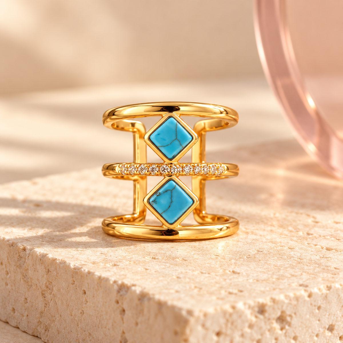Cindy Turquoise Zircon Gold Ring on Bloomy ivory stone with blush acrylic