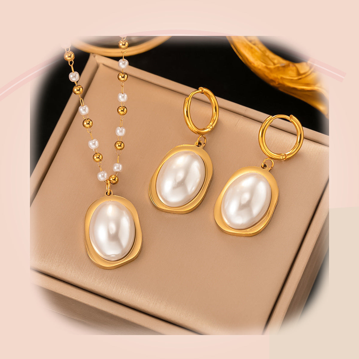 Classic Pearl Oval Necklace & Earrings Set — full product view