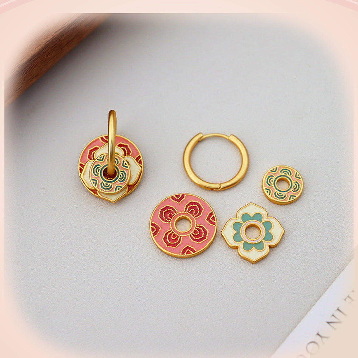 Coral & Teal Floral Earrings — detail view