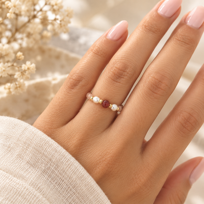 Blush and Burgundy Pearl Beaded Ring worn on hand