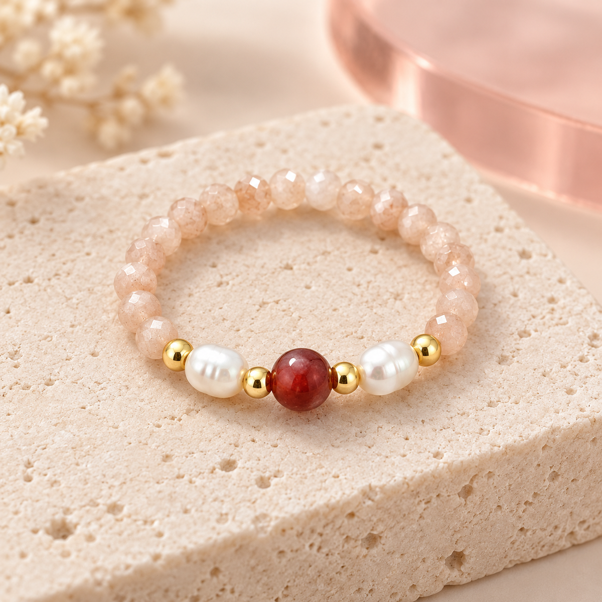 Blush and Burgundy Pearl Beaded Ring solo on ivory stone