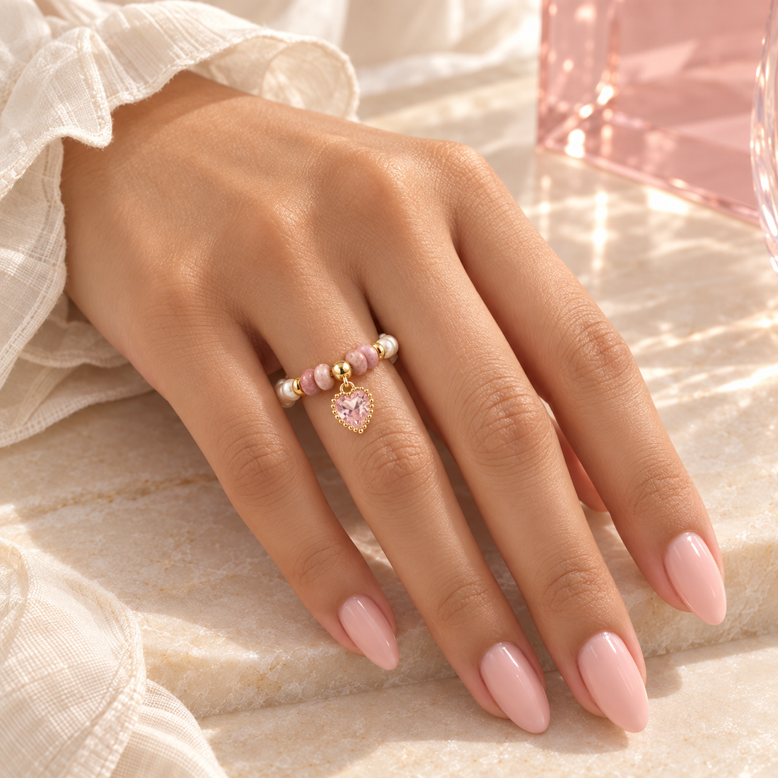 Pink Heart Pearl Ring worn on hand