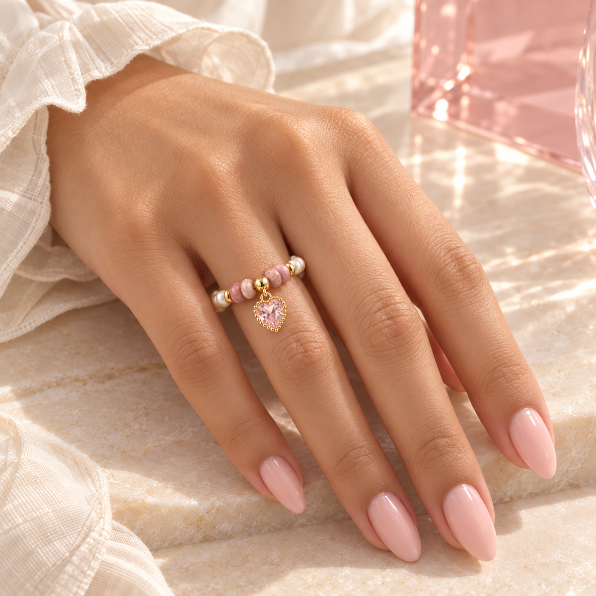 Pink Heart Pearl Ring worn on hand