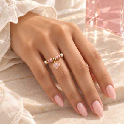 Pink Heart Pearl Ring worn on hand