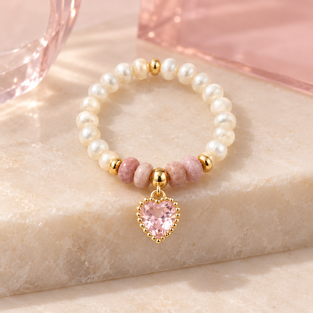 Pink Heart Pearl Ring on ivory stone
